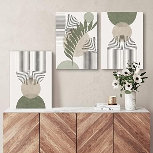 KBKBART Sage Green Boho Wall Art Set of 3 - 12x16" Framed Minimalist Geometric Canvas Prints