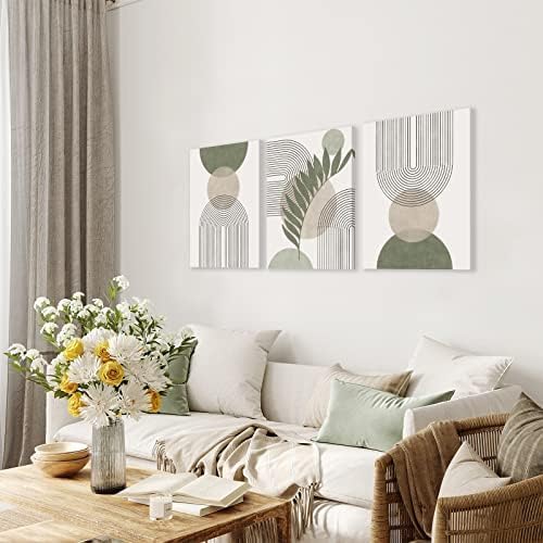 KBKBART Sage Green Boho Wall Art Set of 3 - 12x16" Framed Minimalist Geometric Canvas Prints