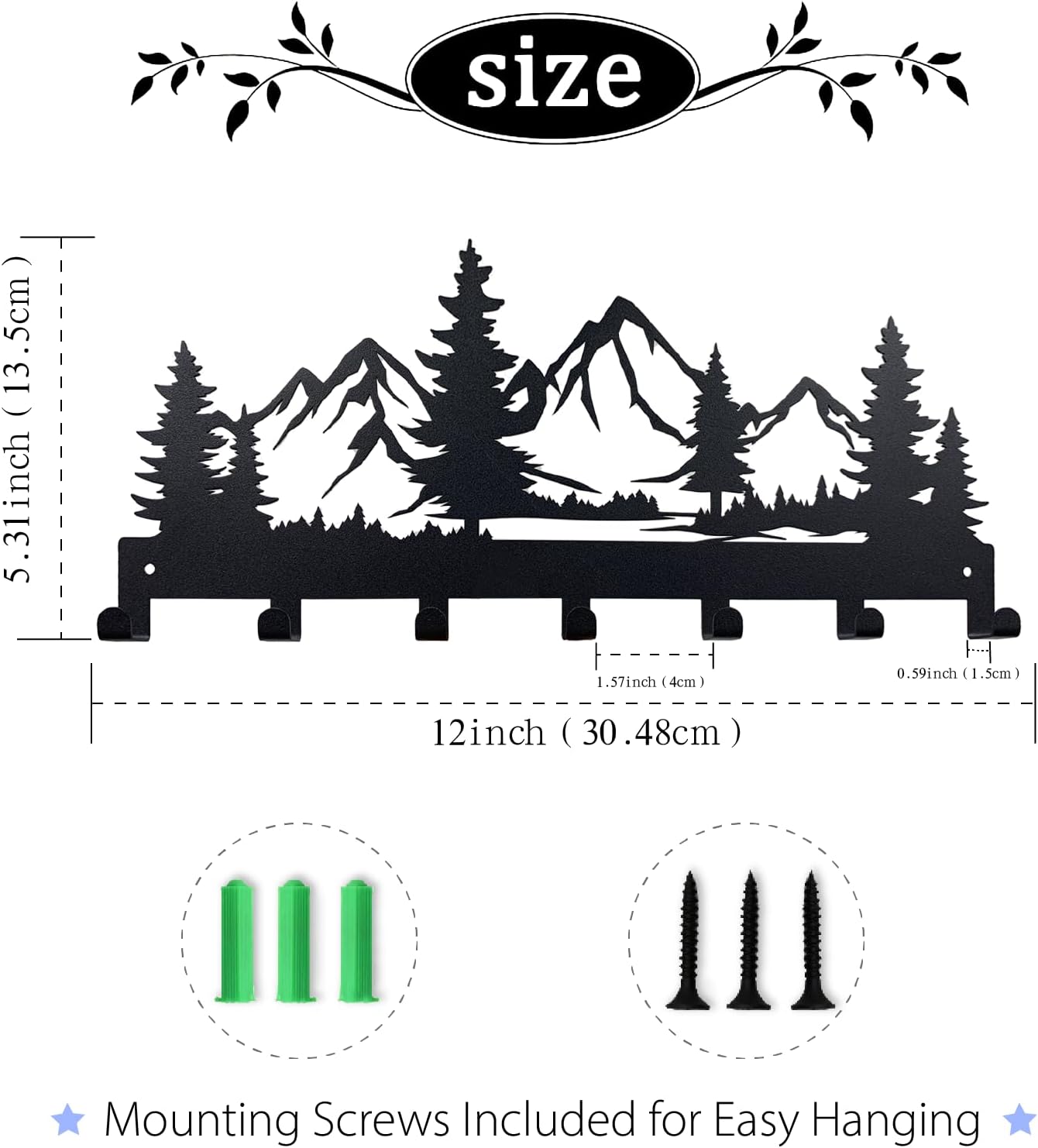 CatTerranM Mountain Metal Key Hooks - 12-Inch Wall Mounted Key Organizer with 7 Hooks