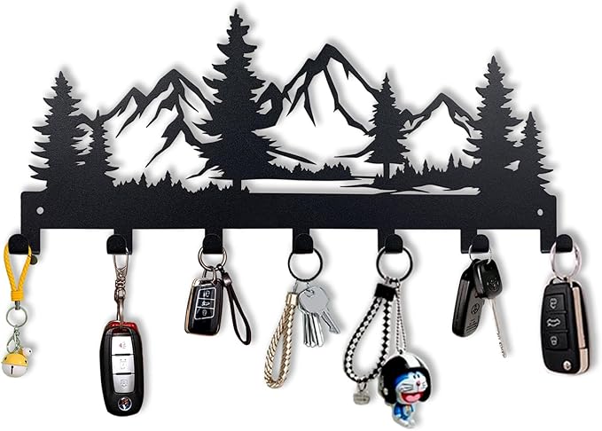 CatTerranM Mountain Metal Key Hooks - 12-Inch Wall Mounted Key Organizer with 7 Hooks