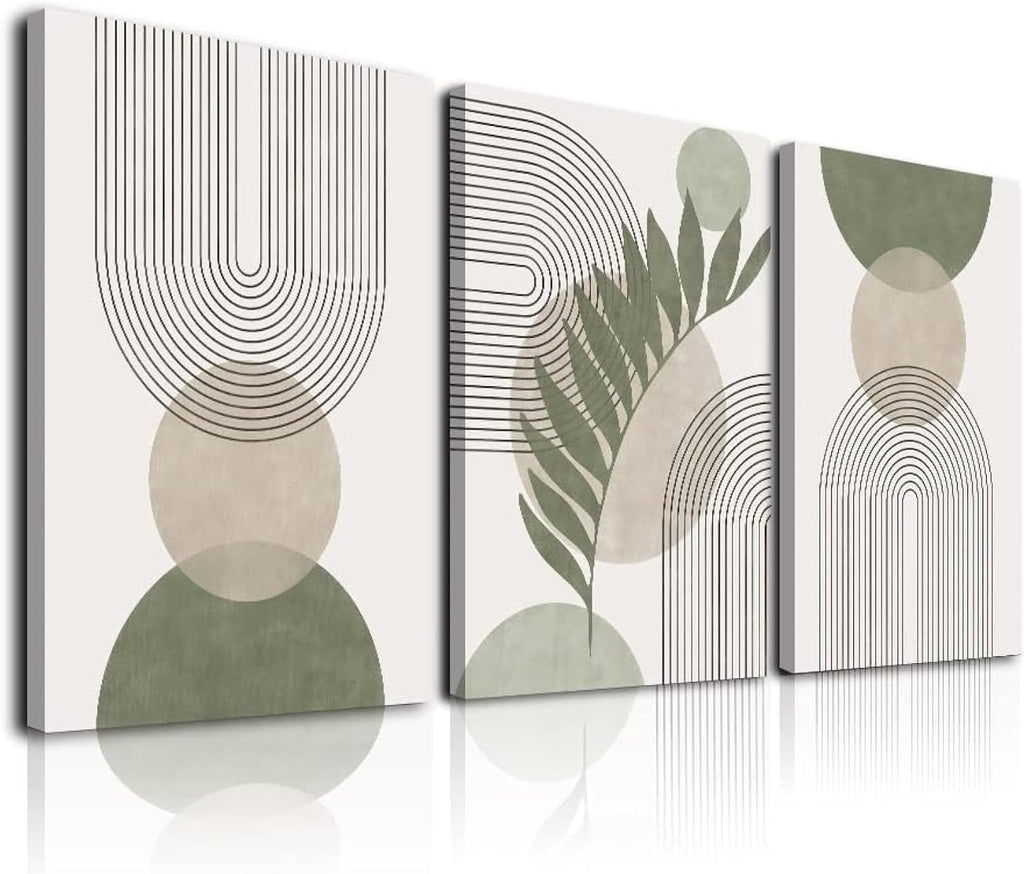 KBKBART Sage Green Boho Wall Art Set of 3 - 12x16" Framed Minimalist Geometric Canvas Prints