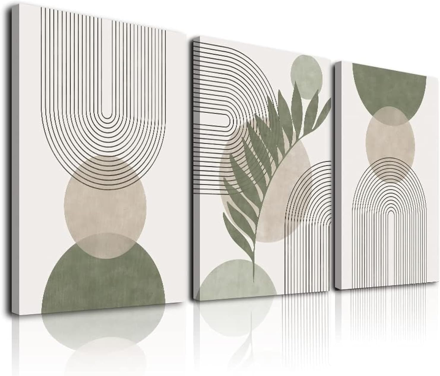KBKBART Sage Green Boho Wall Art Set of 3 - 12x16" Framed Minimalist Geometric Canvas Prints