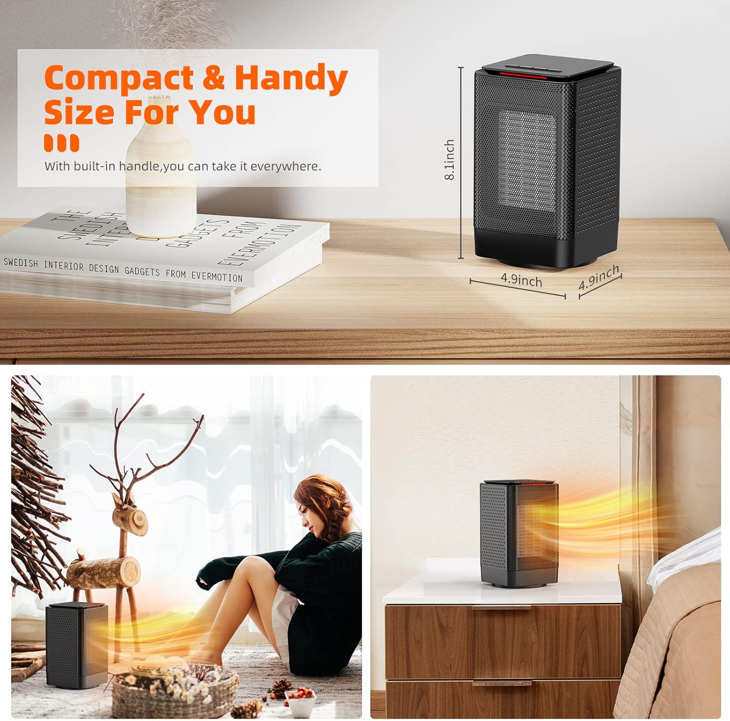 TABYIK Portable Electric Space Heater for Indoor Use - 3 Modes PTC Ceramic Heater with Oscillating Function