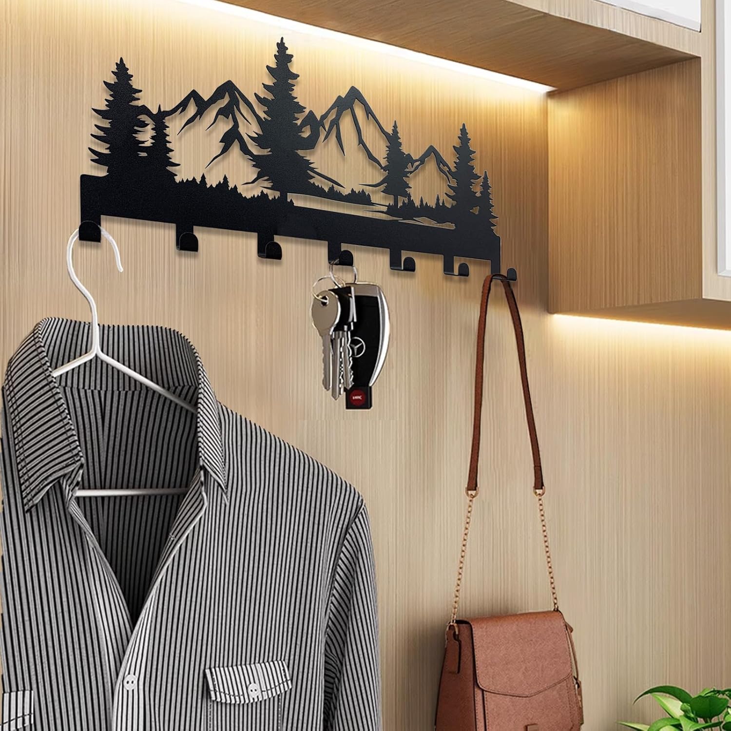 CatTerranM Mountain Metal Key Hooks - 12-Inch Wall Mounted Key Organizer with 7 Hooks